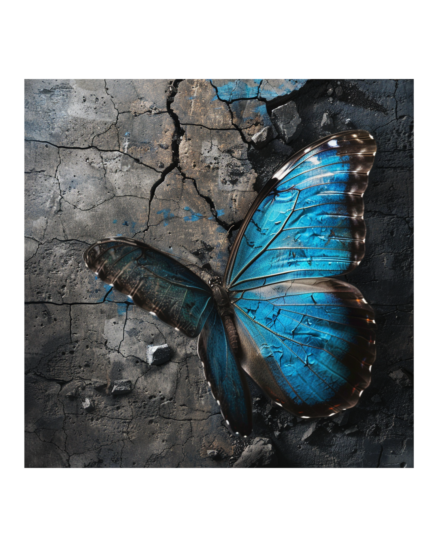 Blue Butterfly on Textured Wall - Abstract Digital Art